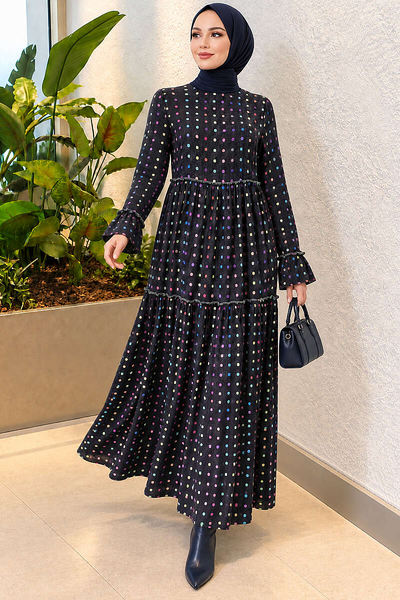 Polka Dot Crew-Neck Dress - Navy
