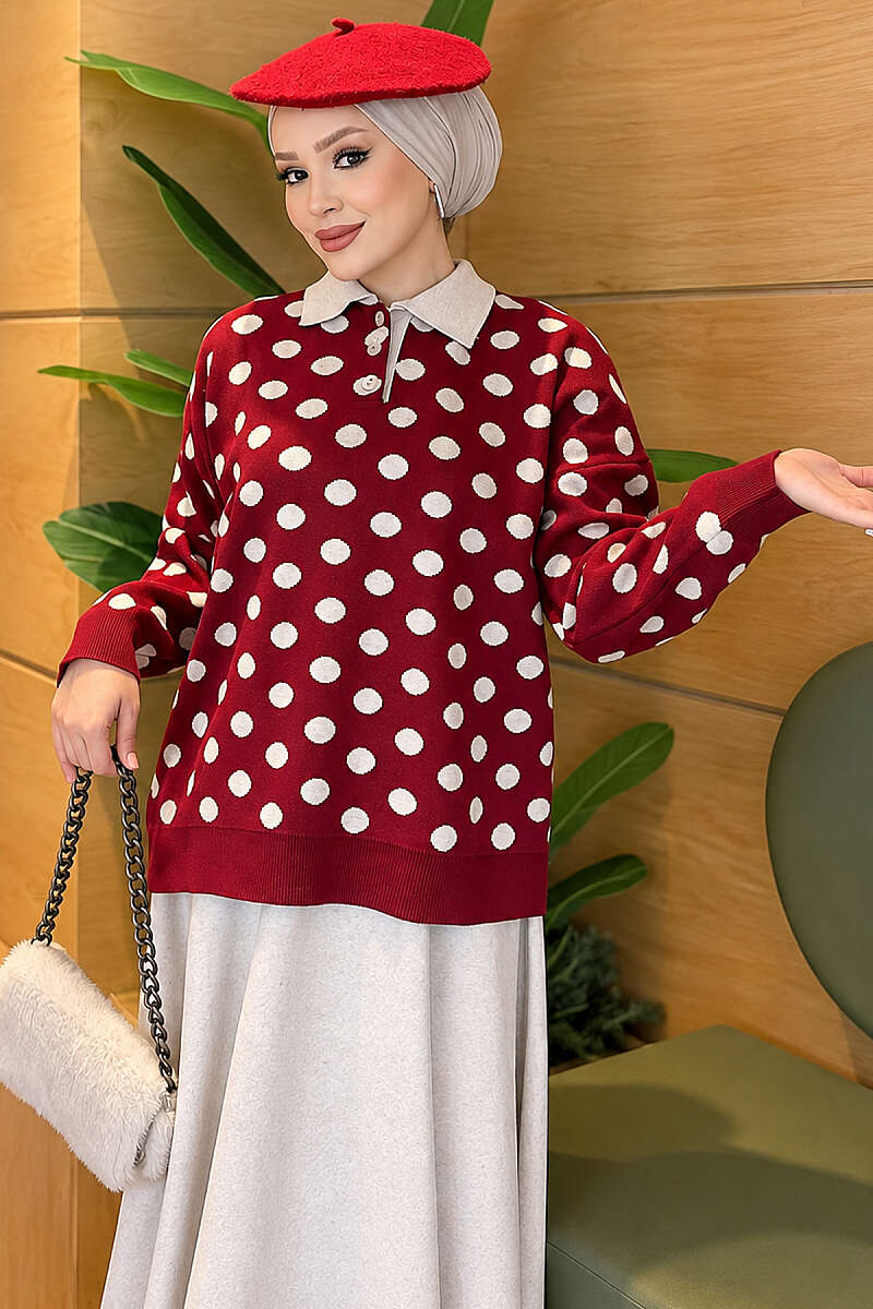Polka Dot Button Knit Tunic - Burgundy