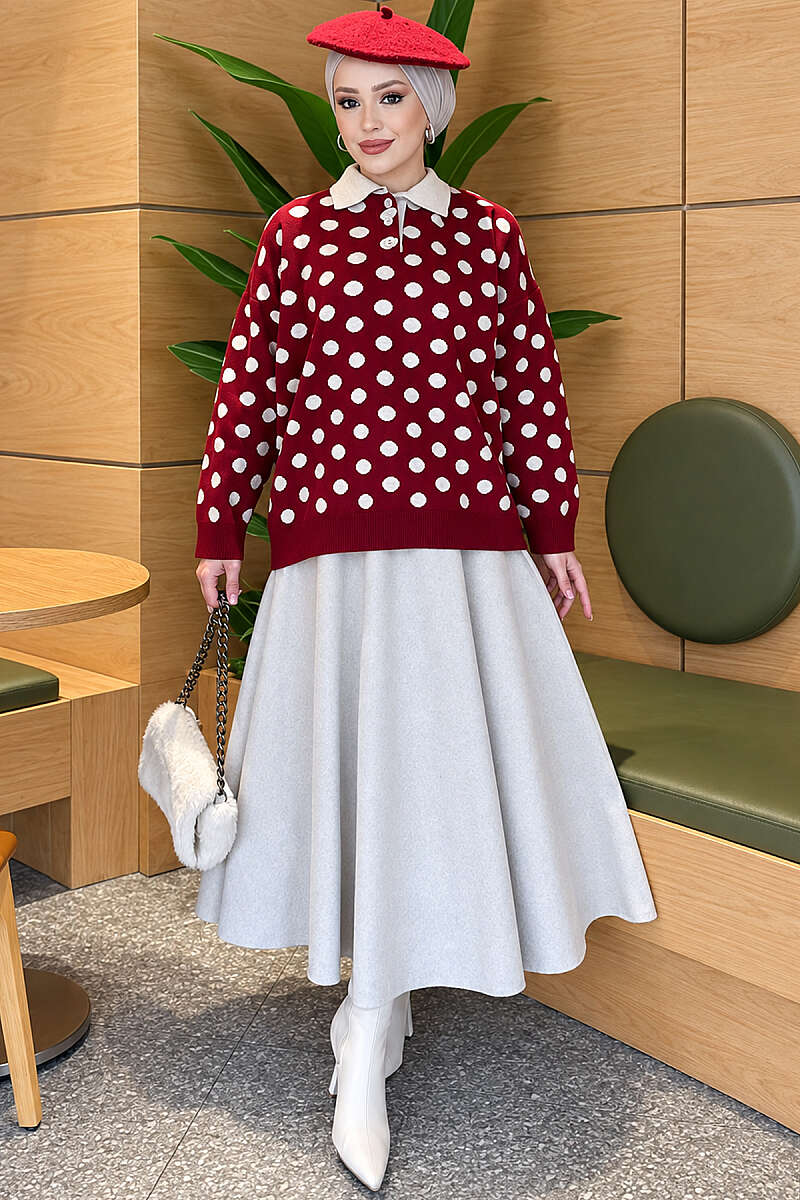 Polka Dot Button Knit Tunic - Burgundy