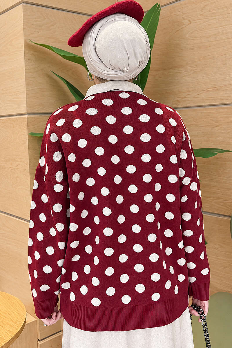 Polka Dot Button Knit Tunic - Burgundy