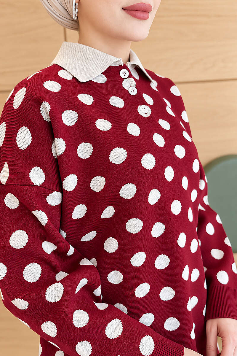 Polka Dot Button Knit Tunic - Burgundy