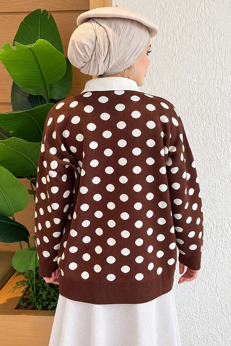 Polka Dot Button Knit Tunic - Brown