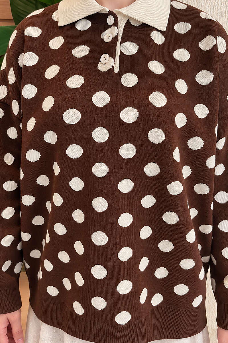 Polka Dot Button Knit Tunic - Brown