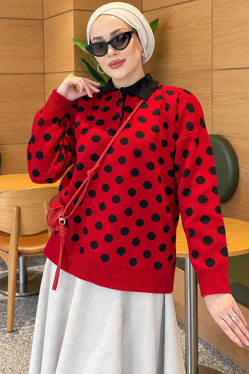 Polka Dot Button Knit Tunic - Red