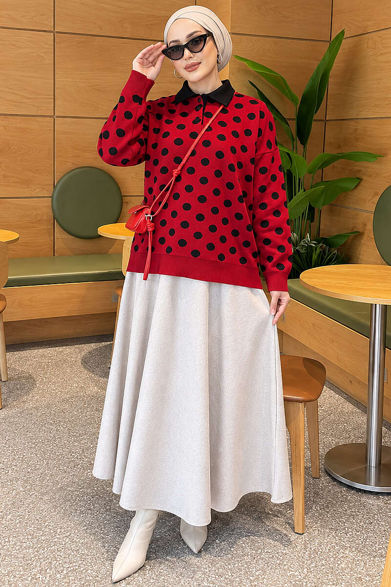 Polka Dot Button Knit Tunic - Red