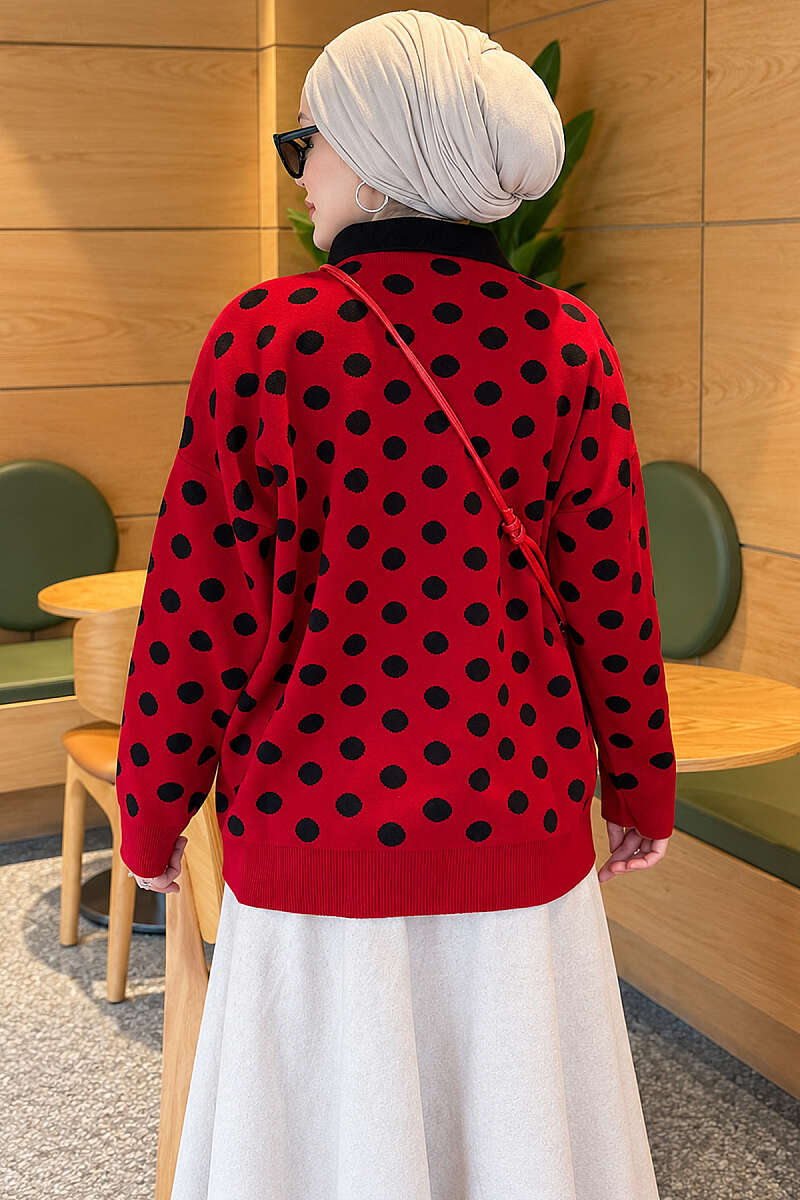 Polka Dot Button Knit Tunic - Red