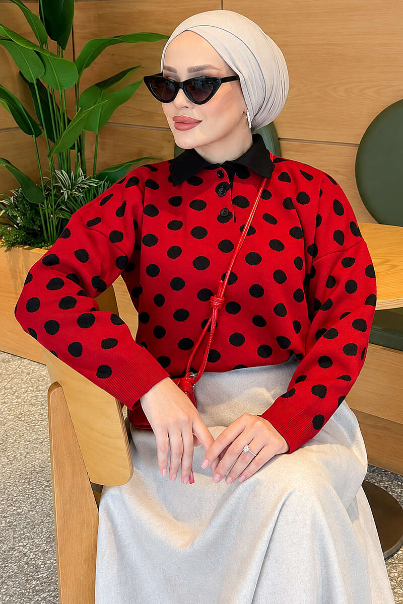 Polka Dot Button Knit Tunic - Red
