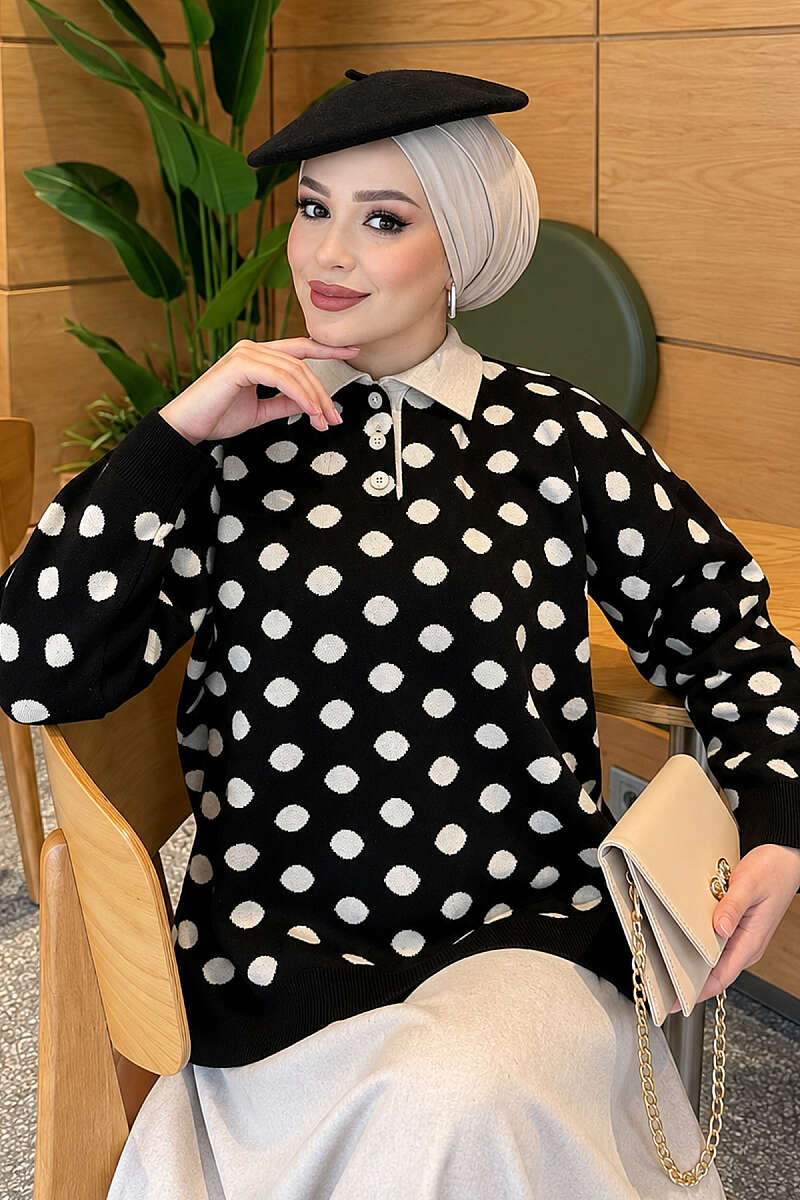Polka Dot Button Knit Tunic - Black