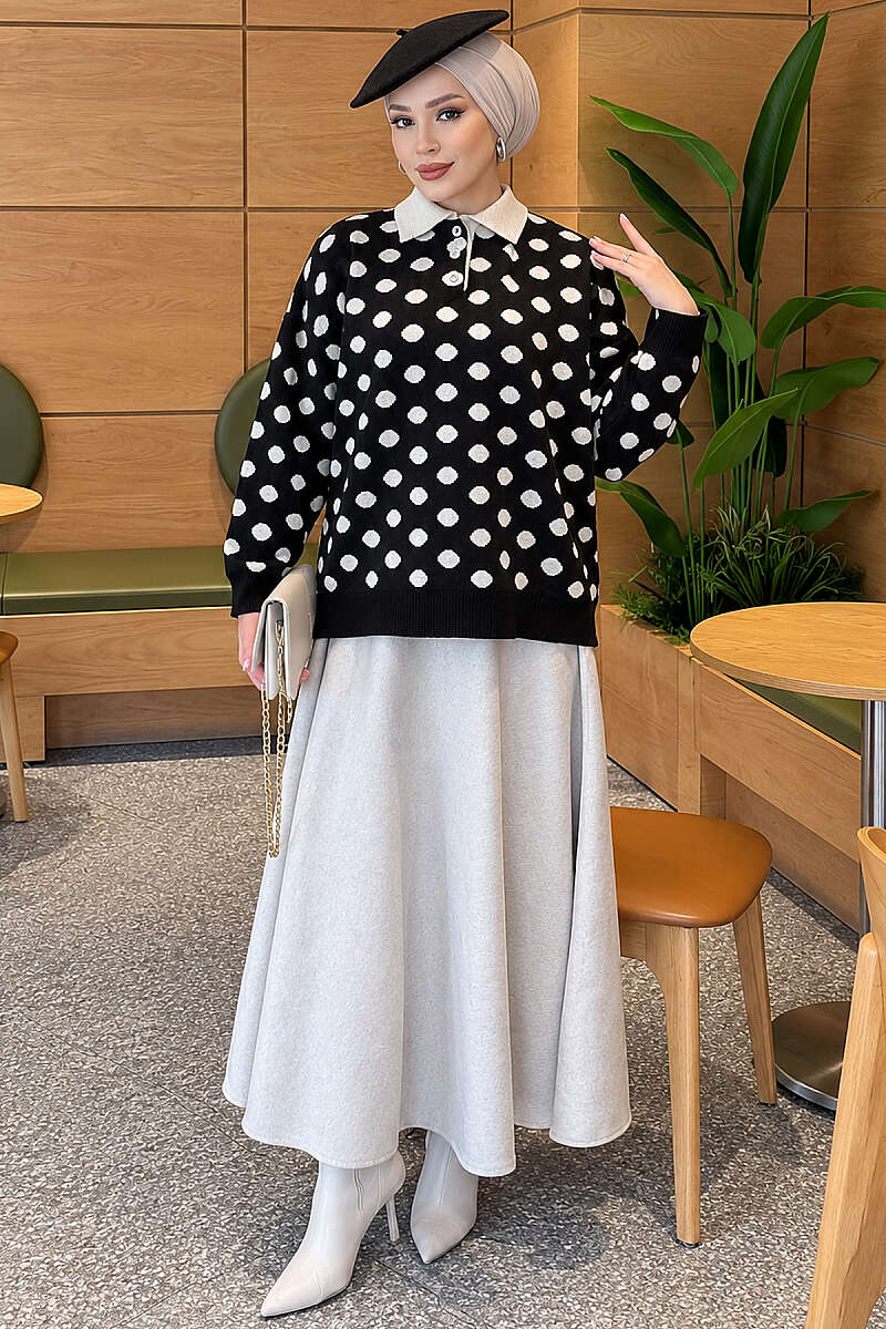 Polka Dot Button Knit Tunic - Black