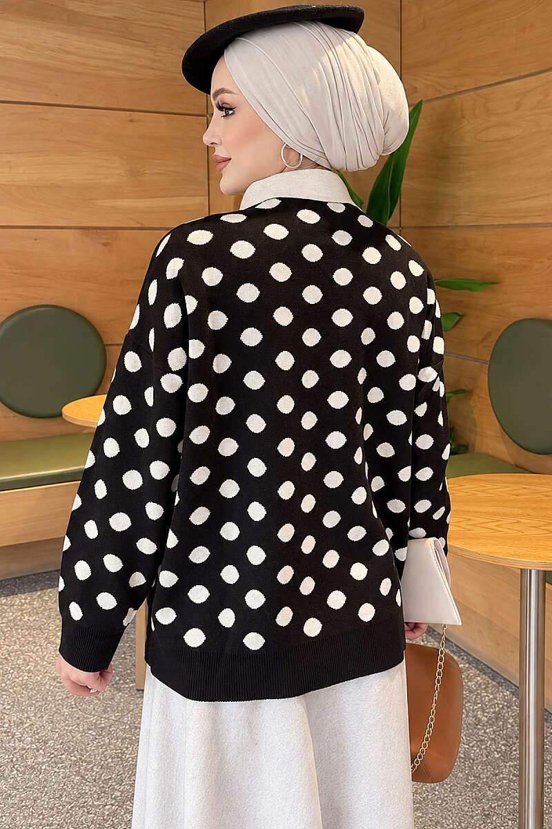 Polka Dot Button Knit Tunic - Black