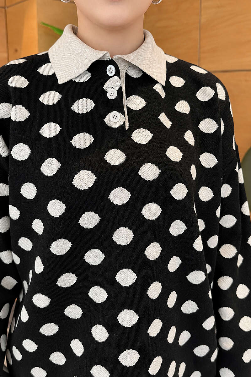 Polka Dot Button Knit Tunic - Black