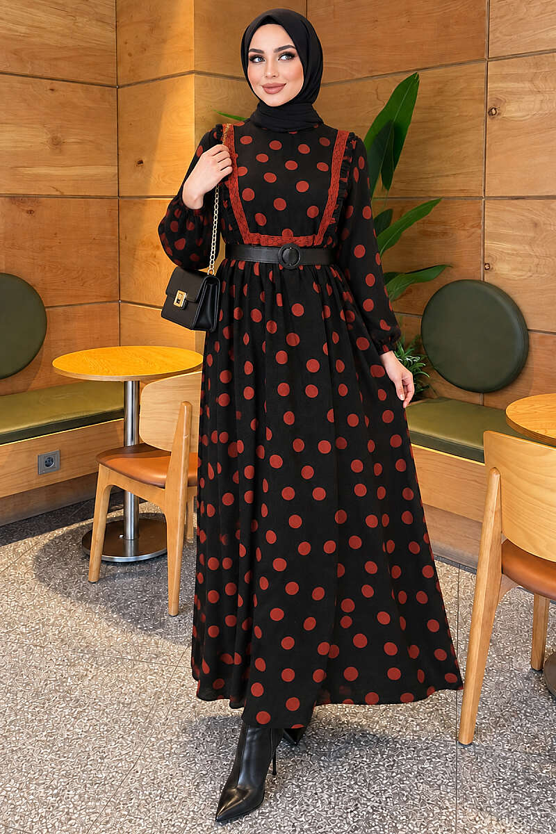 Polka Dot Ruffled Dress - Brick