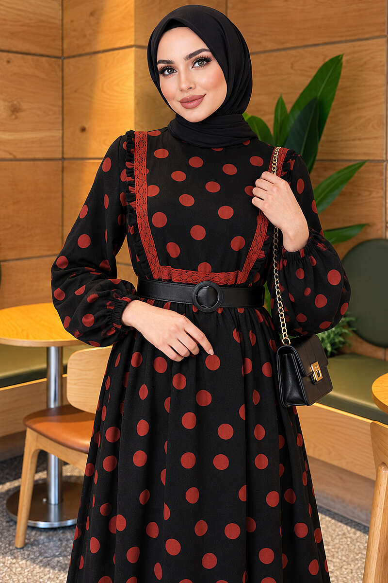 Polka Dot Ruffled Dress - Brick