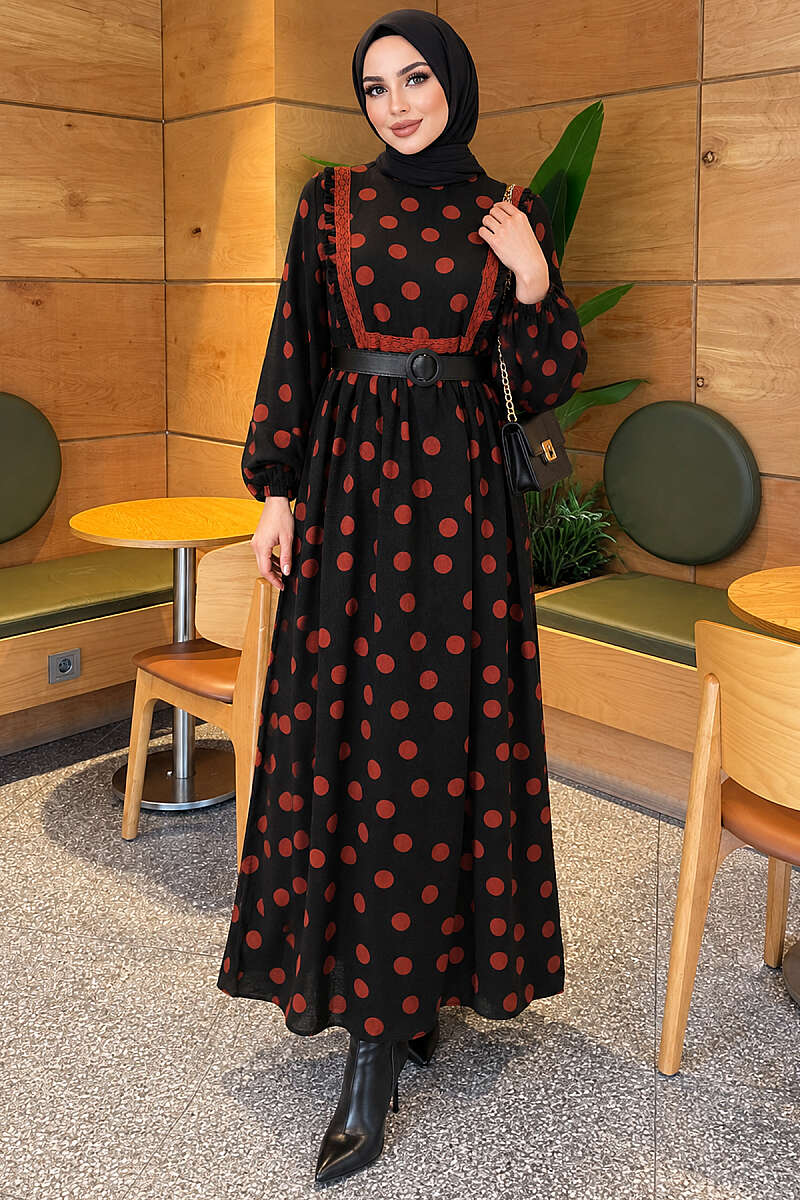 Polka Dot Ruffled Dress - Brick