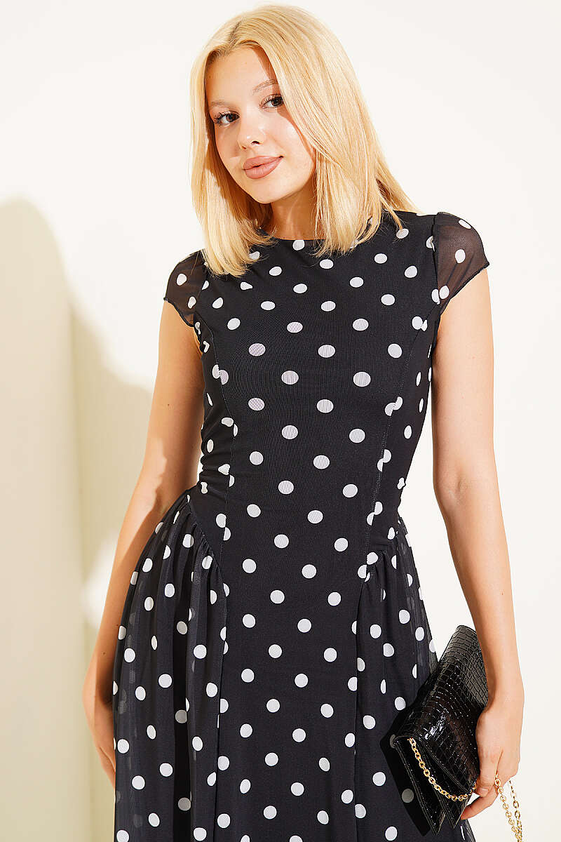 Polka Dot Dress with Tie Cords - Black