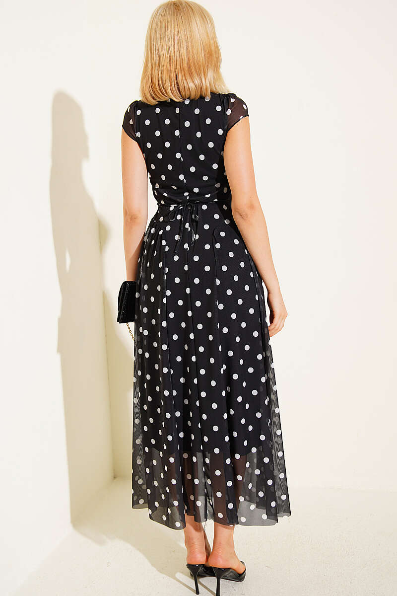 Polka Dot Dress with Tie Cords - Black