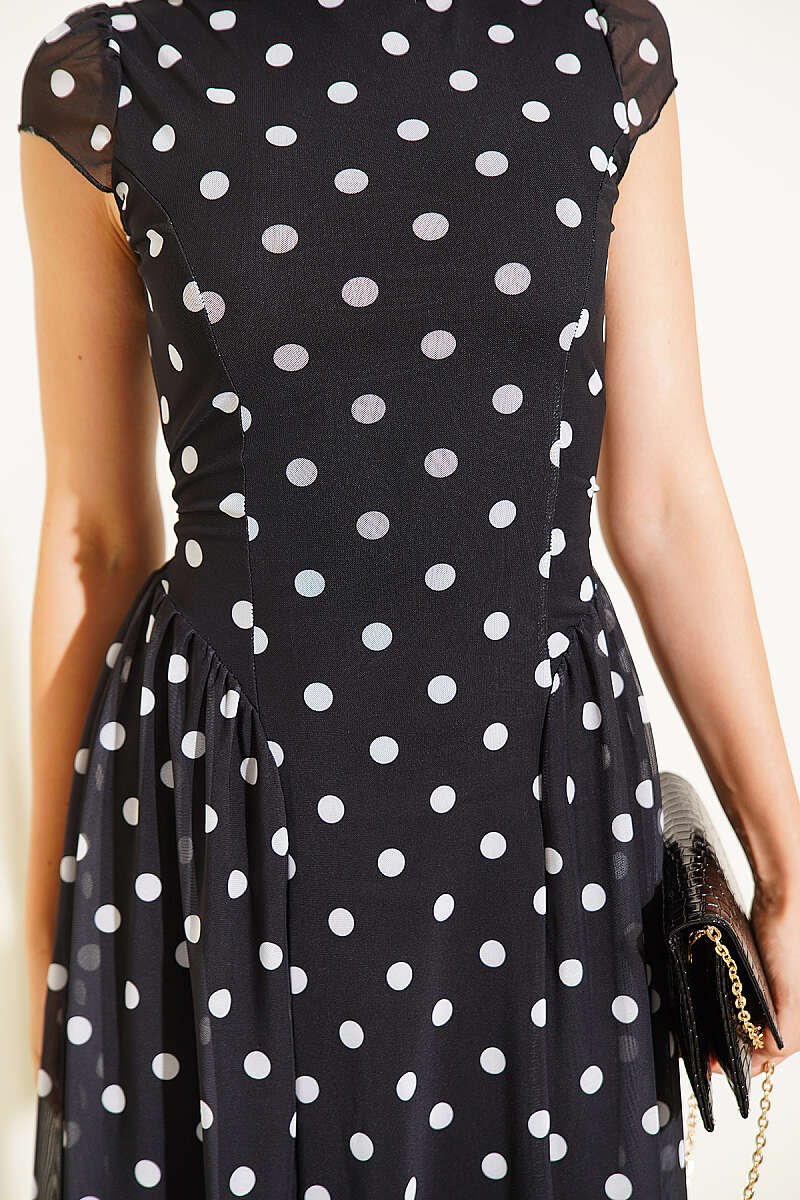 Polka Dot Dress with Tie Cords - Black