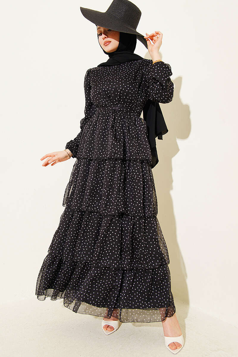 Tiered Polka Dot Chiffon Dress - Black