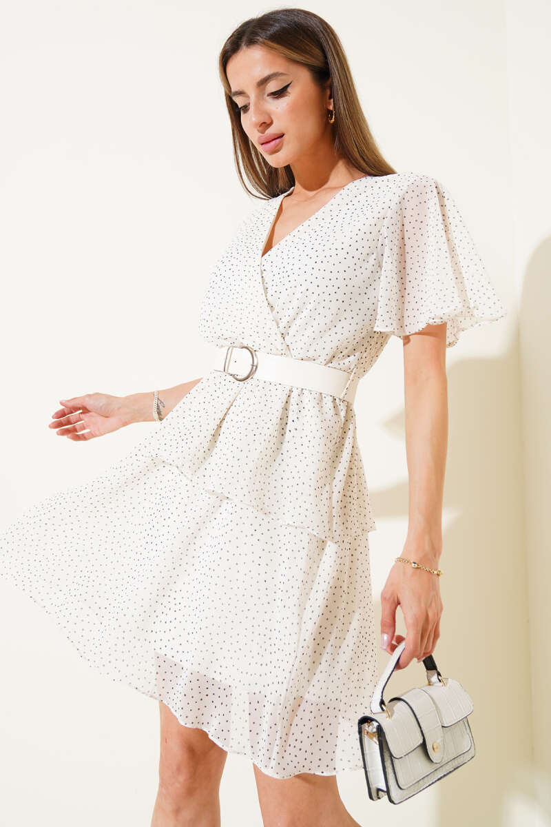 Belted Tiered Polka Dot Chiffon Mini Dress - White
