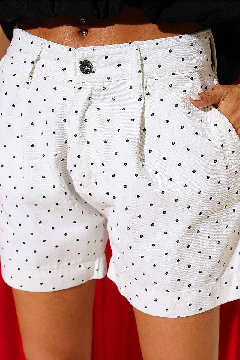 Polka Dot Denim Shorts - Ecru