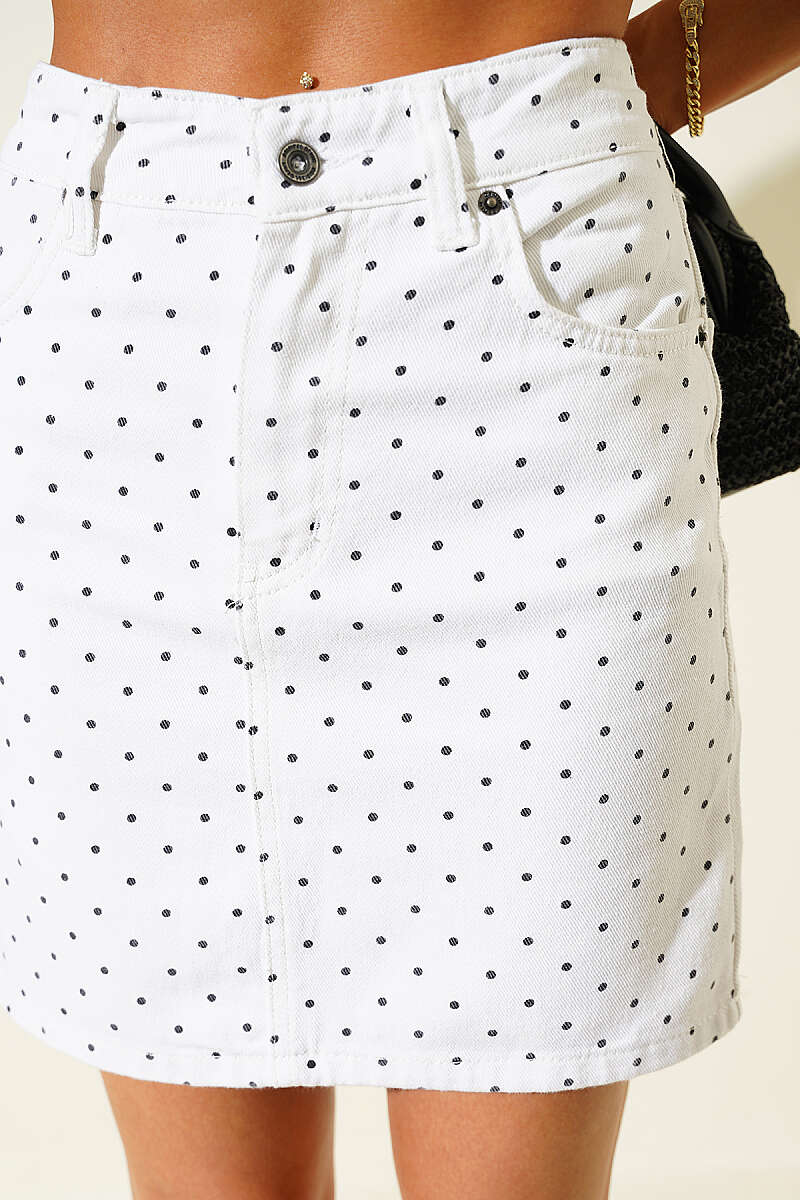 Polka Dot Denim Mini Skirt - Ecru