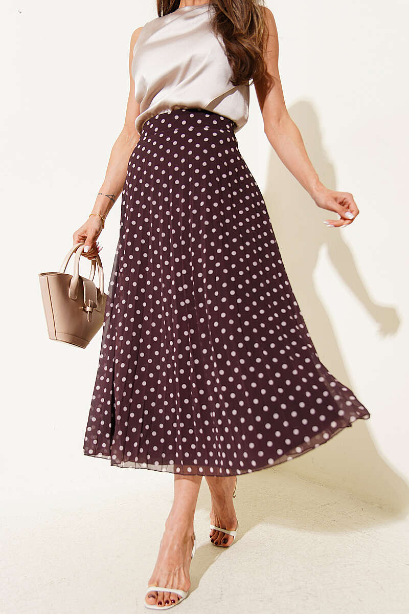 Polka Dot Pleated Chiffon Midi Skirt - Brown