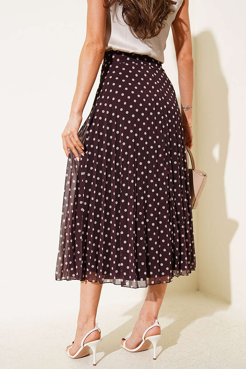 Polka Dot Pleated Chiffon Midi Skirt - Brown