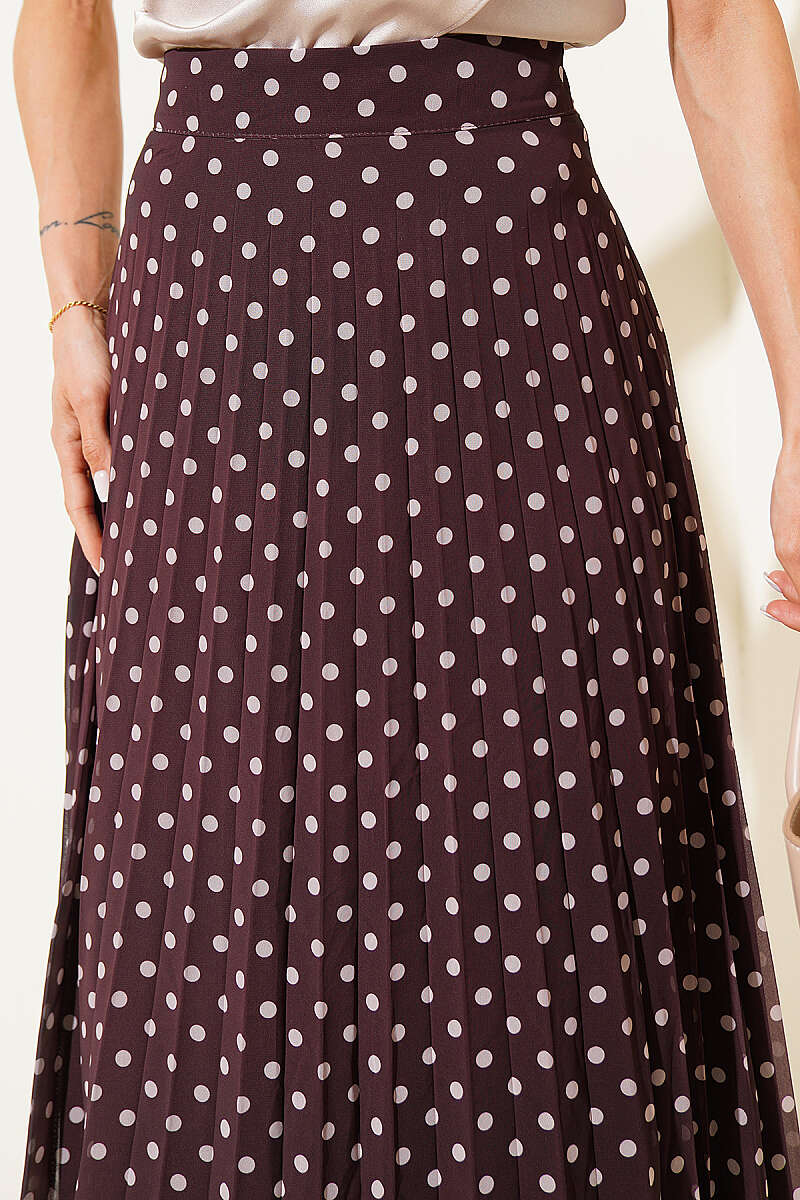 Polka Dot Pleated Chiffon Midi Skirt - Brown