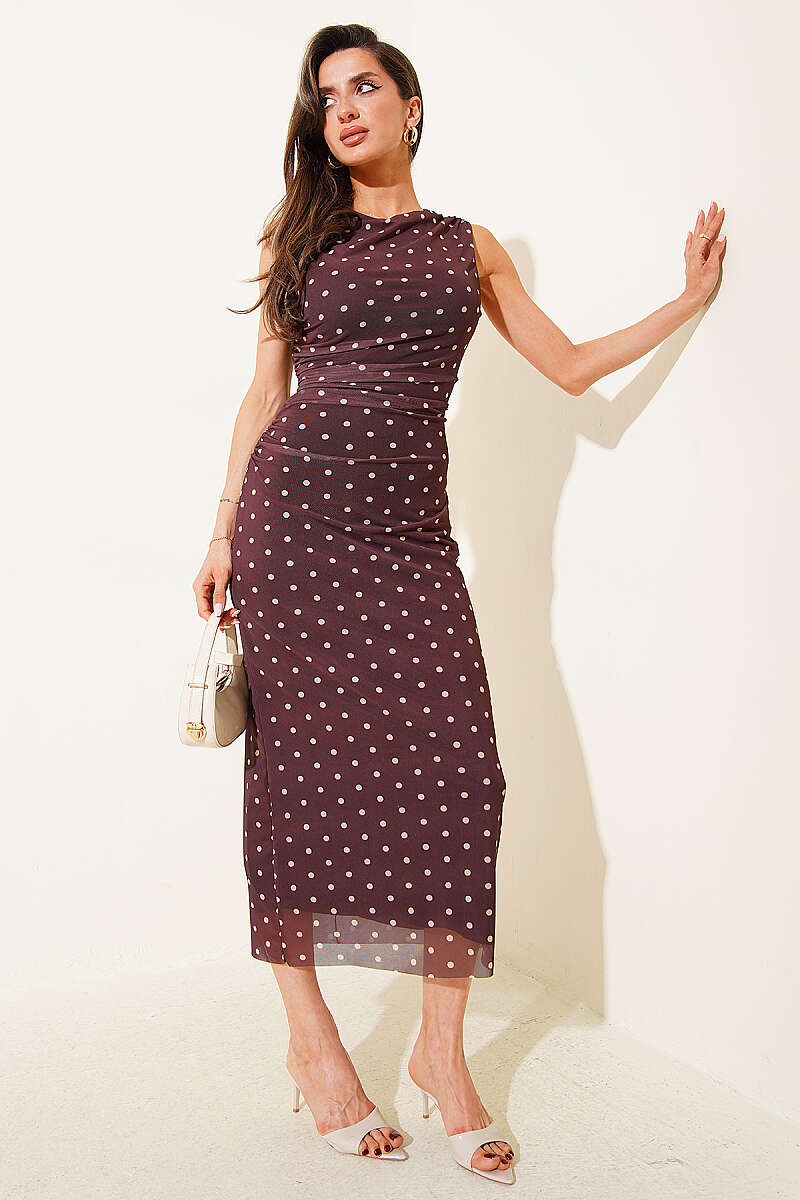 Polka Dot Chiffon Dress - Brown