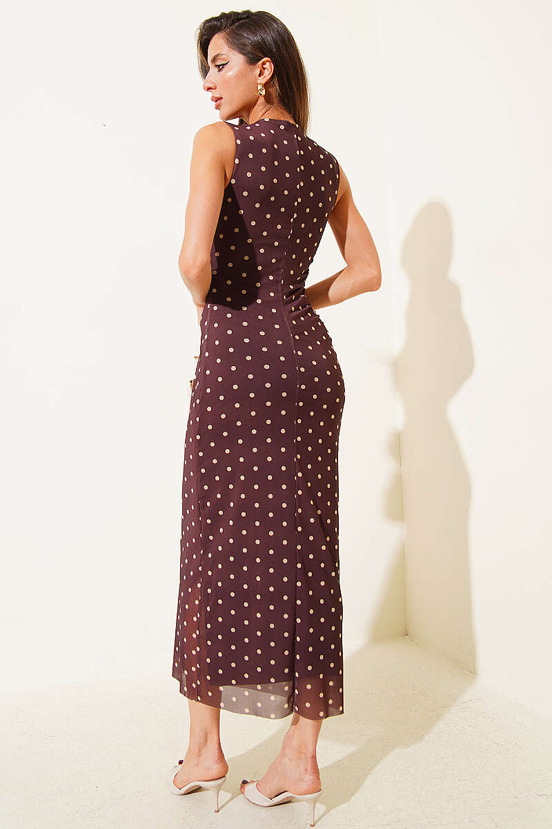 Polka Dot Chiffon Dress - Brown