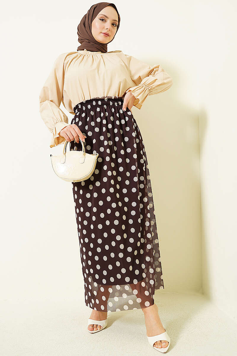 Polka Dot Chiffon Skirt - Brown