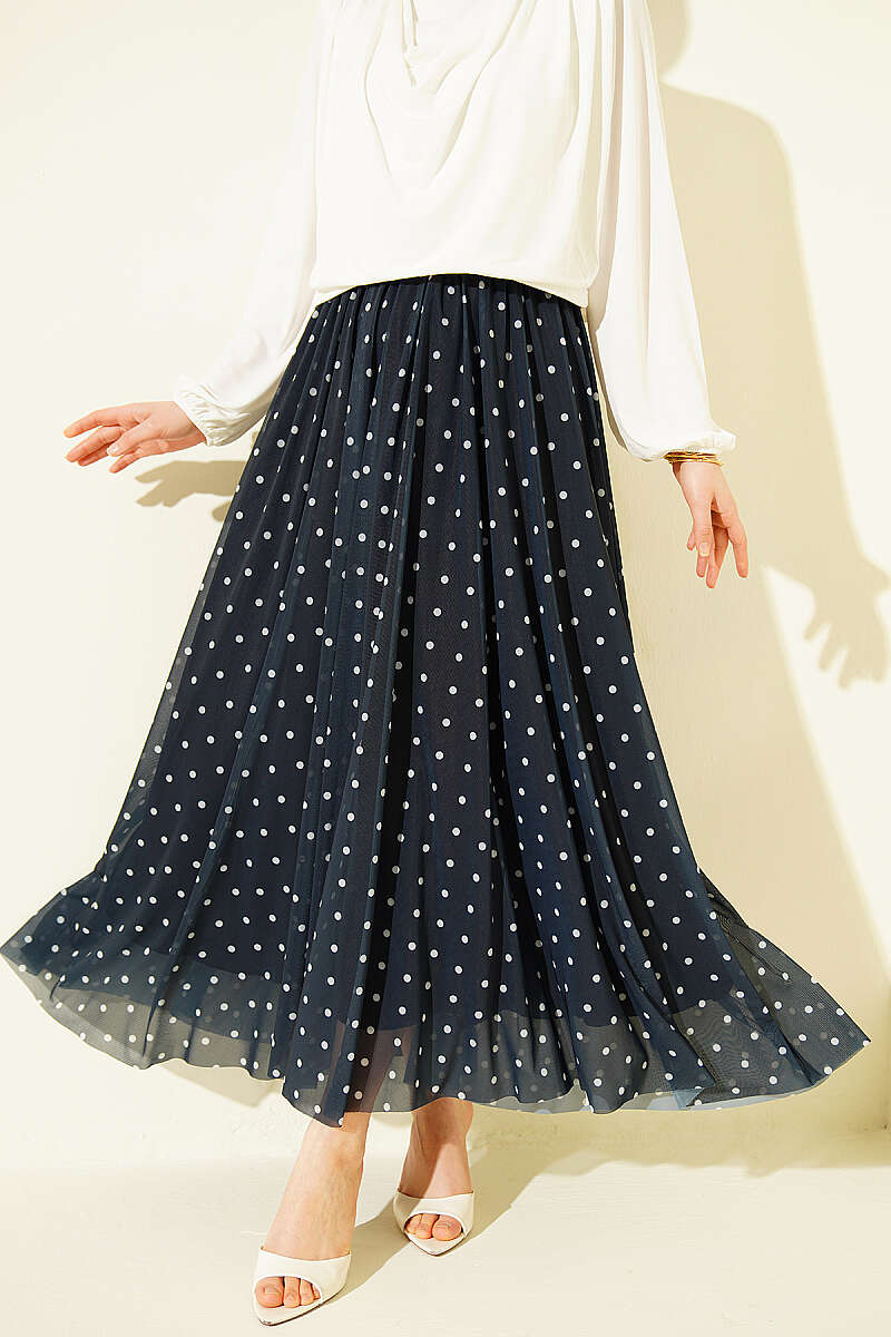 Polka Dot Tulle Flared Skirt - Navy