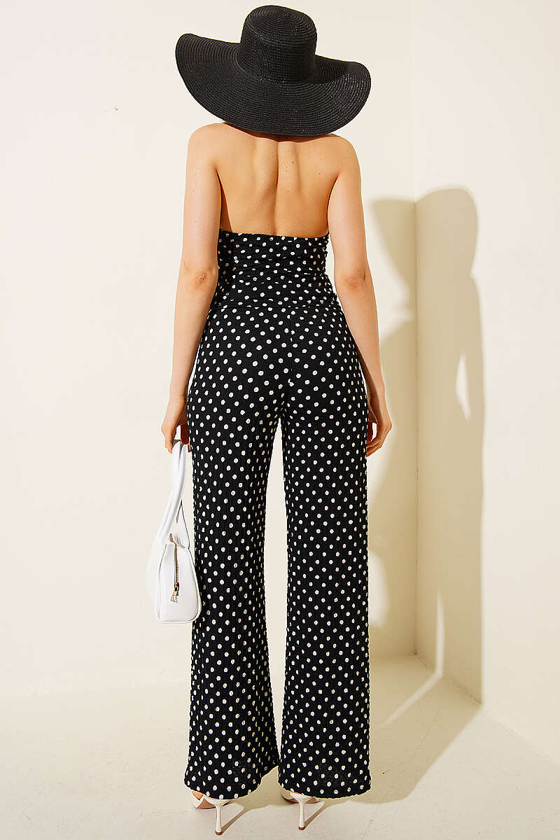 Polka Dot V-Neck Waffle Crop Set - Black