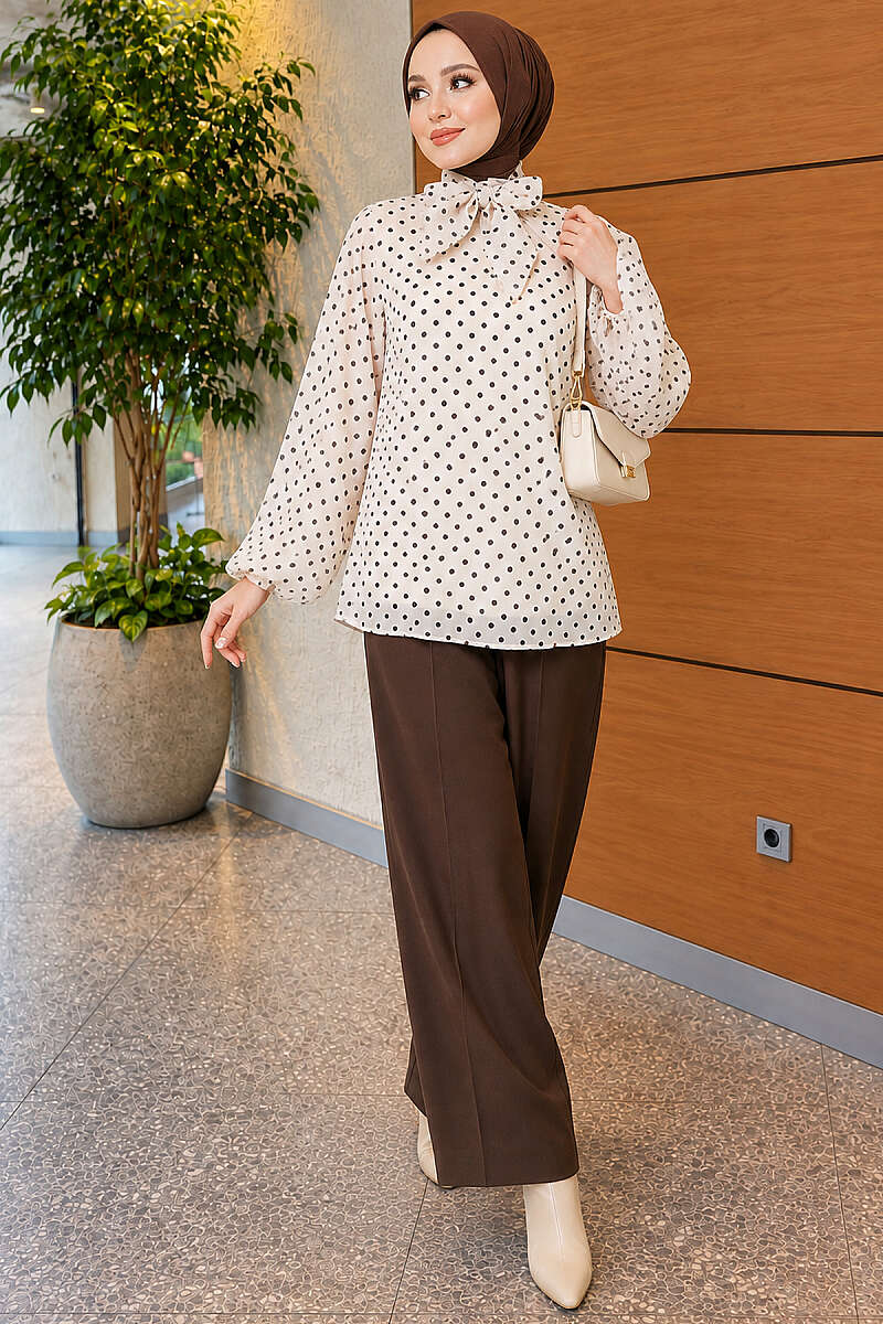 Polka Dot Chiffon Tunic with Tie Collar - Beige