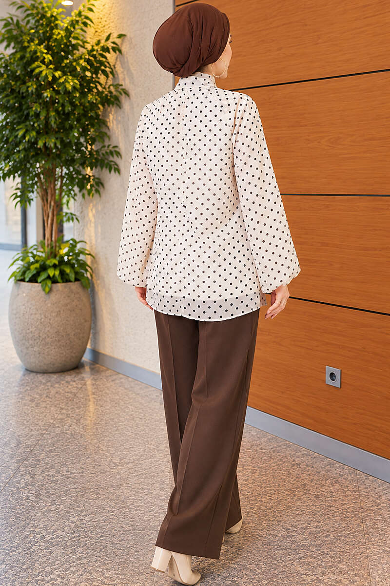 Polka Dot Chiffon Tunic with Tie Collar - Beige