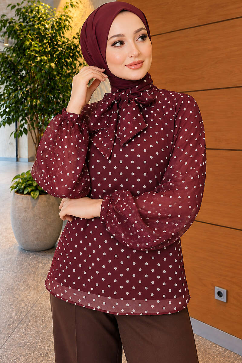 Polka Dot Chiffon Tunic with Tie Collar - Burgundy