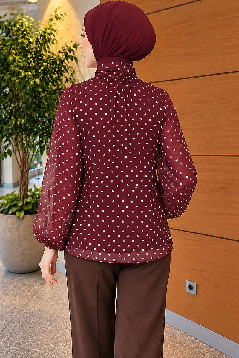 Polka Dot Chiffon Tunic with Tie Collar - Burgundy