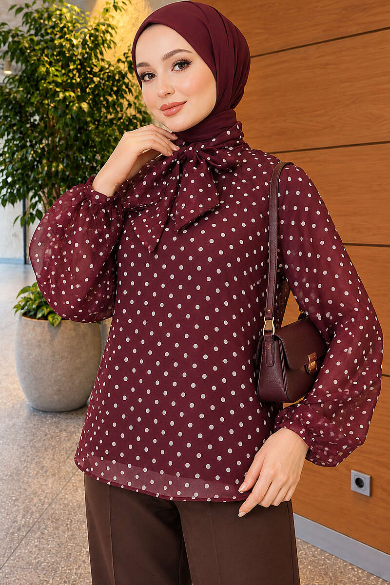 Polka Dot Chiffon Tunic with Tie Collar - Burgundy