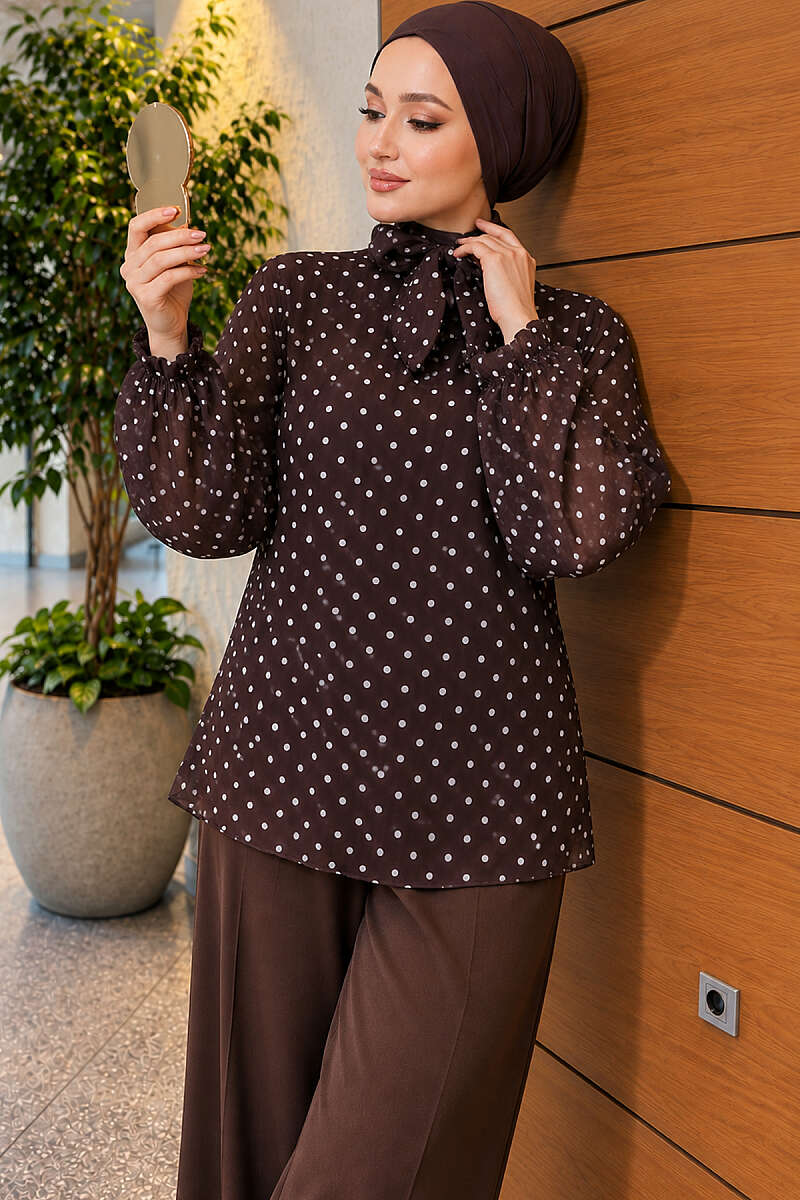 Polka Dot Chiffon Tunic with Tie Collar - Brown