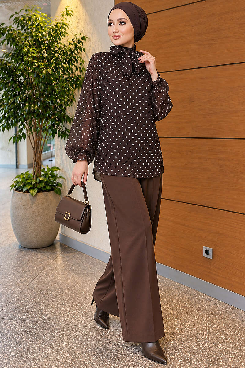 Polka Dot Chiffon Tunic with Tie Collar - Brown