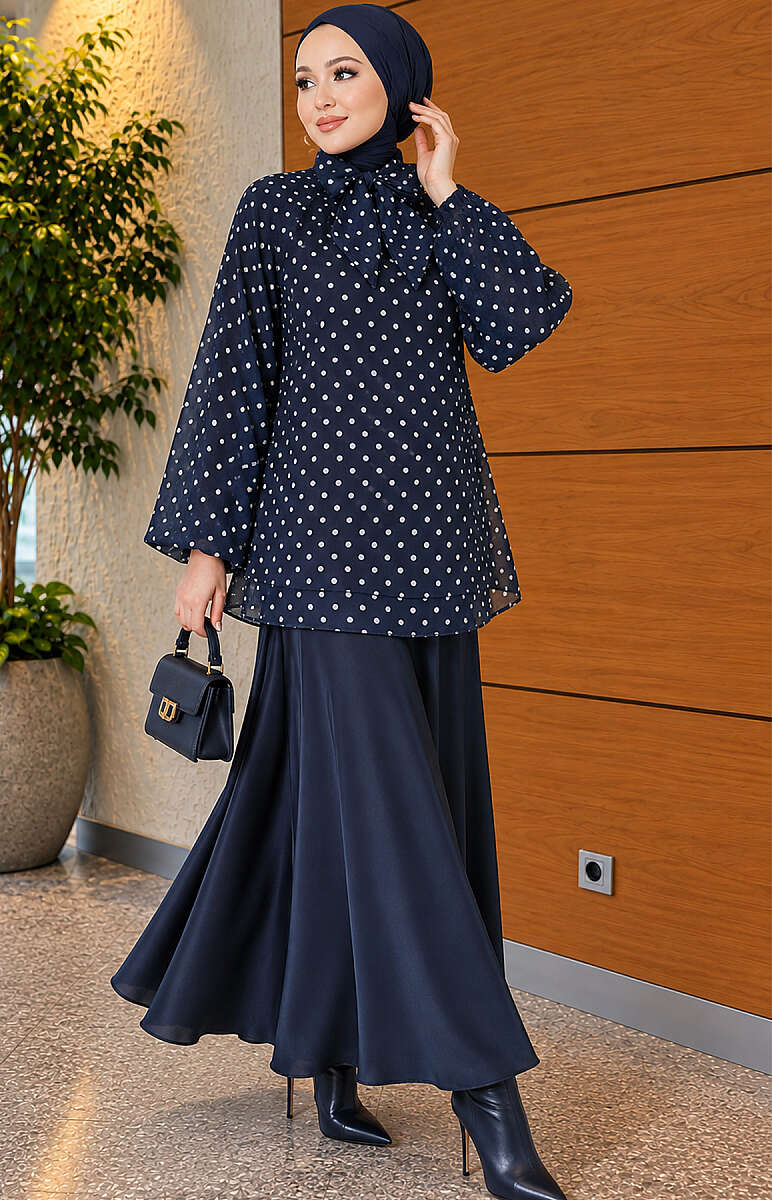 Polka Dot Chiffon Tunic with Tie Collar - Navy