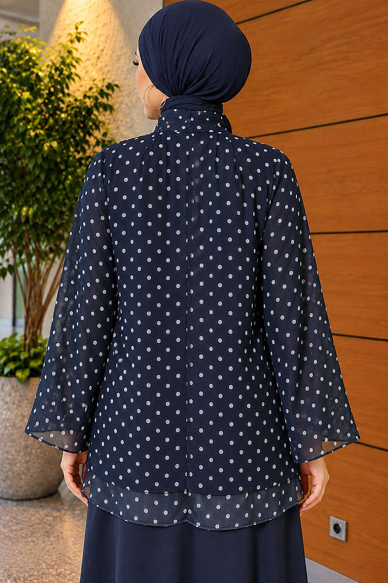 Polka Dot Chiffon Tunic with Tie Collar - Navy