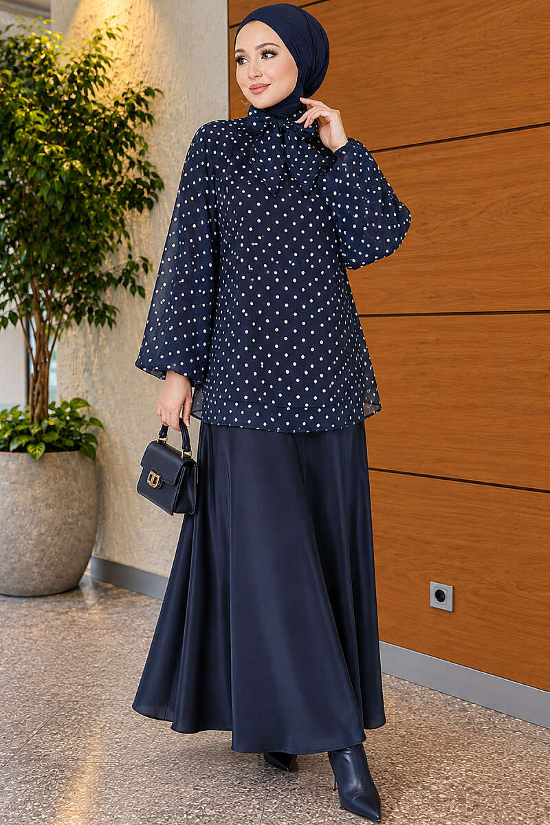 Polka Dot Chiffon Tunic with Tie Collar - Navy