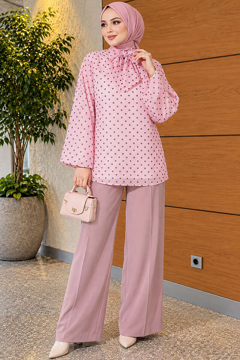 Polka Dot Chiffon Tunic with Tie Collar - Pink