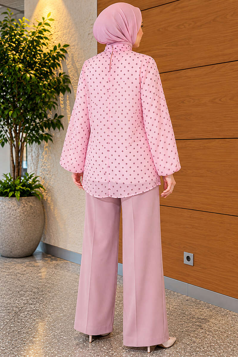 Polka Dot Chiffon Tunic with Tie Collar - Pink