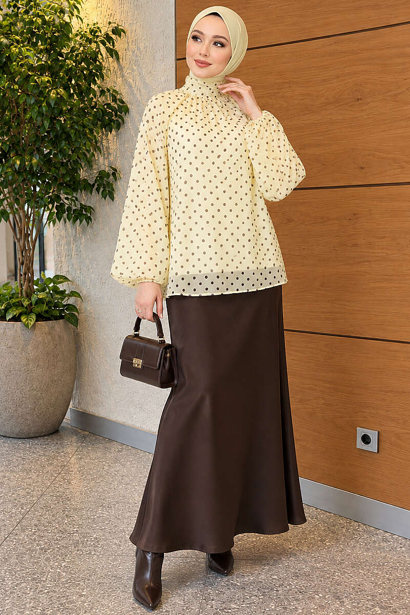 Polka Dot Chiffon Tunic with Tie Collar - Yellow
