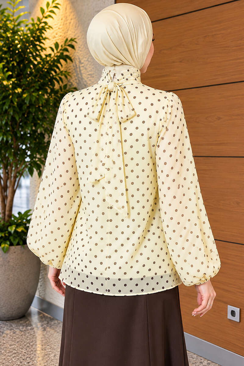 Polka Dot Chiffon Tunic with Tie Collar - Yellow