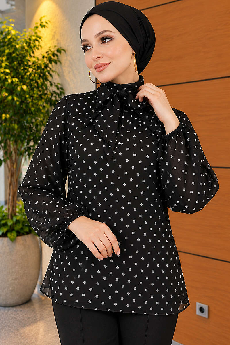 Polka Dot Chiffon Tunic with Tie Collar - Black