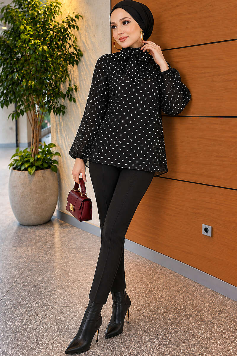 Polka Dot Chiffon Tunic with Tie Collar - Black