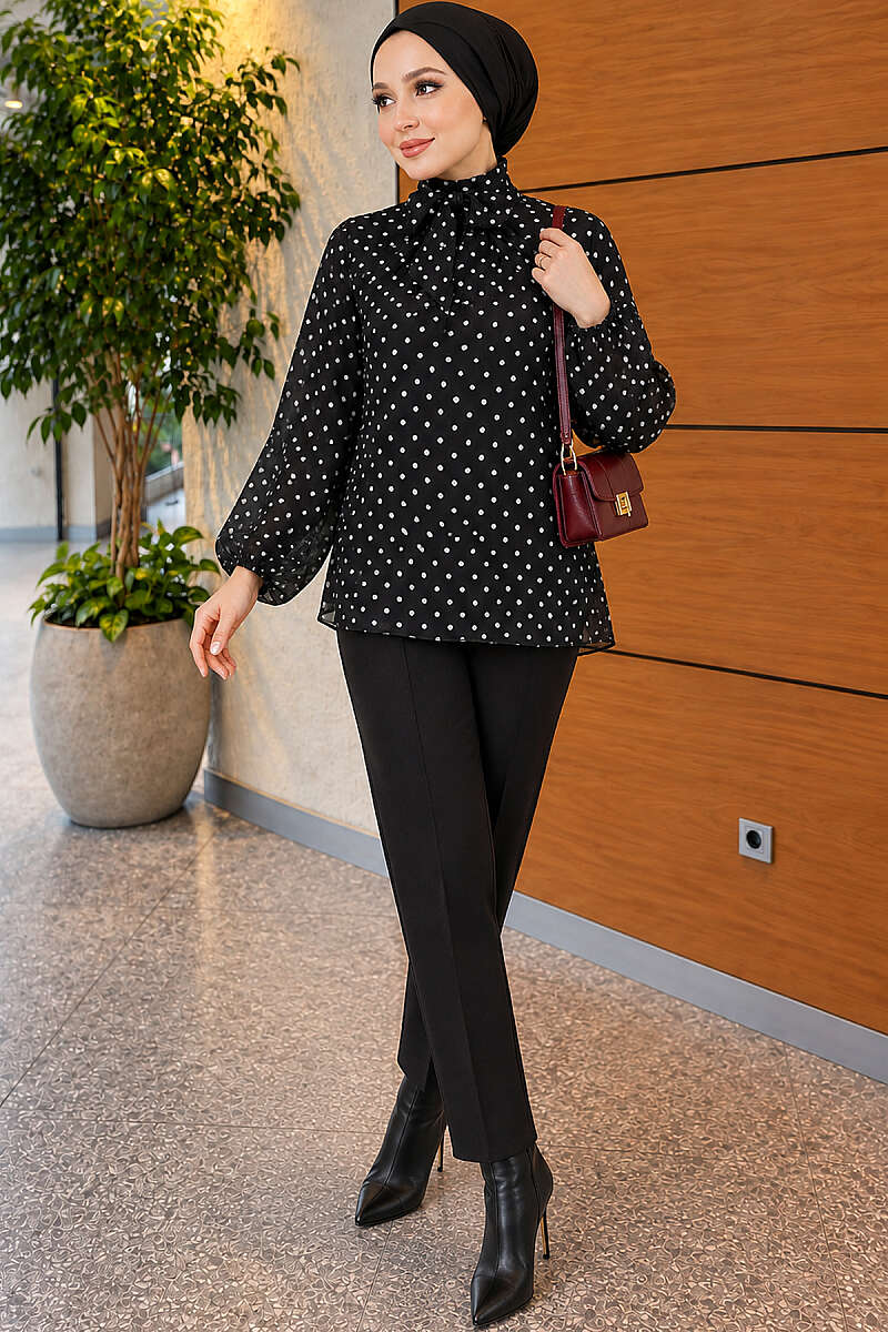Polka Dot Chiffon Tunic with Tie Collar - Black